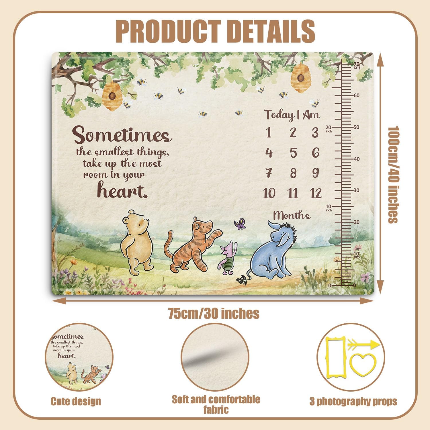 the Pooh Baby Monthly Milestone Blanket, Winnie Monthly Blanket Growth Chart, Winnie Quotes Decor with Double-Sided Printed Cardstock（16 Unforgettable Moments of Babies） 30 * 40in