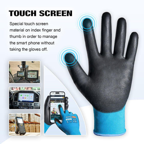 KAYGO Safety Work Gloves, PU Coated, 2-Finger Touchscreen, KG11P