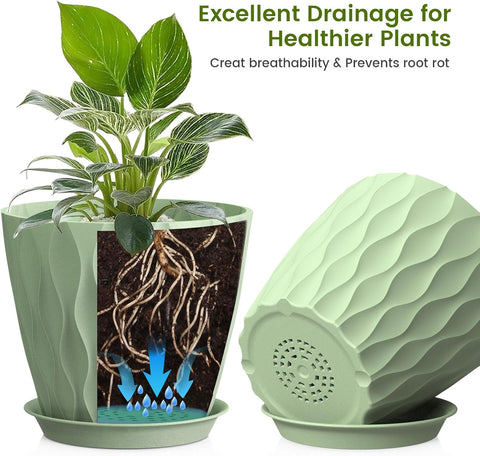 UOUZ 8 Inch Plant Pots, 4 Pack Plastic Planters for Indoor Outdoor with Drainage Holes & Saucers, Waffle Texture Flower Pots for Indoor Plants, Indoor Plant Pots for Monstera, Fiddle Leaf Fig, Green