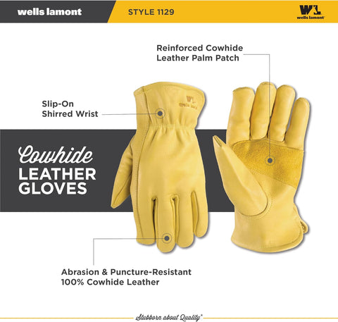 Wells Lamont Men's Work Gloves, Cowhide Leather, Reinforced Palm, Large