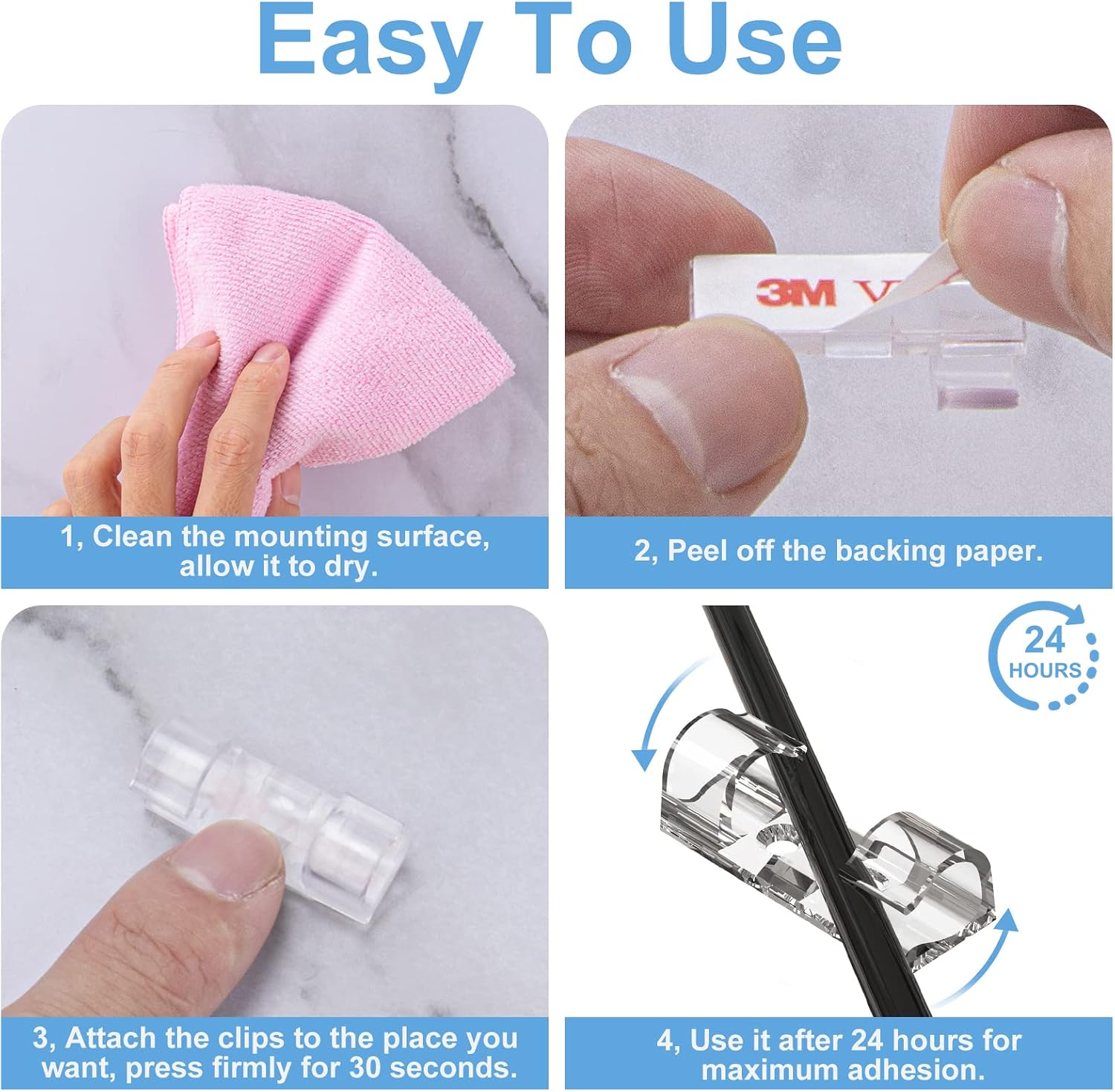 TidyHelper Adhesive Cable Clips Clear (M&L Sizes, 60 PCS), Indoor/Outdoor