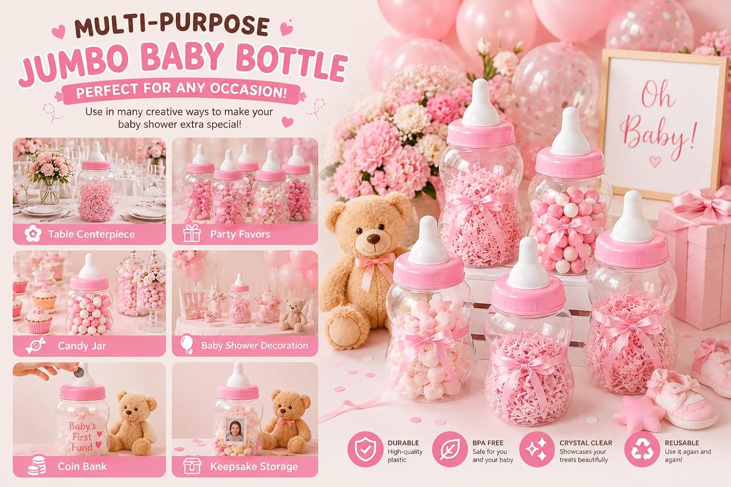 13" Jumbo Fillable Baby Shower Bank Plastic Decoration Centerpiece (Pink, 13")