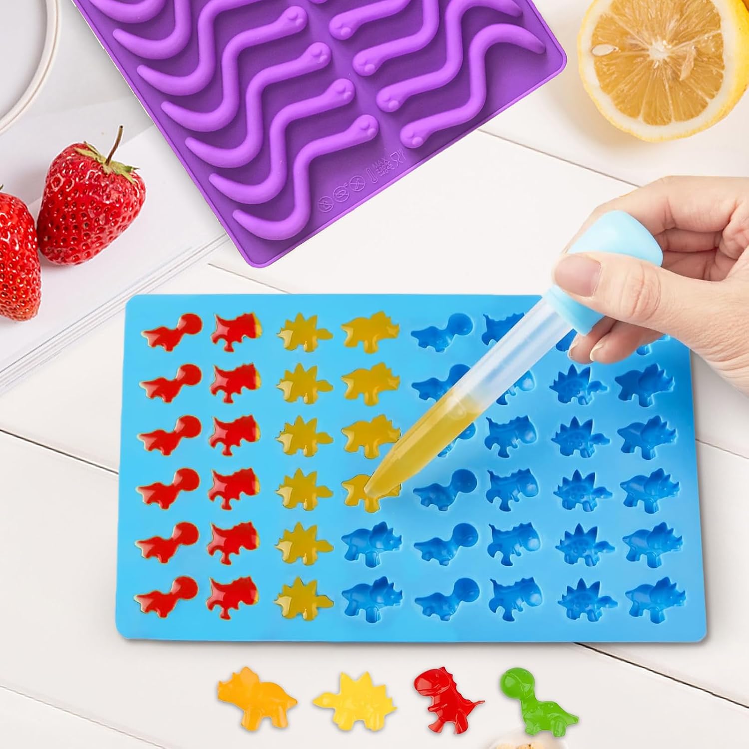 Gummy Candy Molds - Silicone Mini Gummy Bear/Hearts/Dinosaur/Gummy Worm Mold with 2pcs Dropper,Non-stick and Bpa Free for Candy Chocolate Gummies Baking