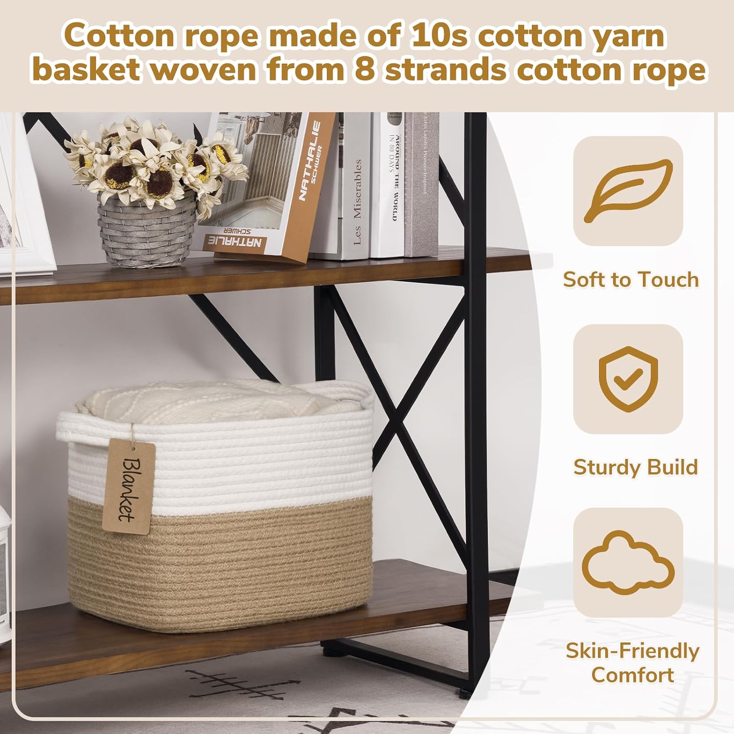 Goodpick Woven Rope Storage Basket for Shelves, Rectangle, Jute