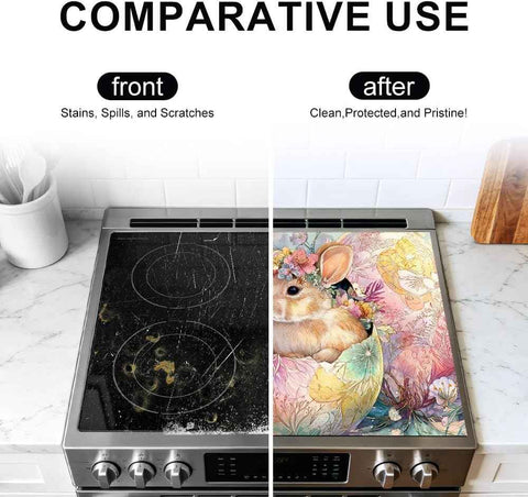 Stove Top Cover for Electric Stove 28.4 x 20.5 Inch Non Slip Stove Mat Oil Proof Easter Bunny Floral Glass Cooktop Protector Kitchen Mat