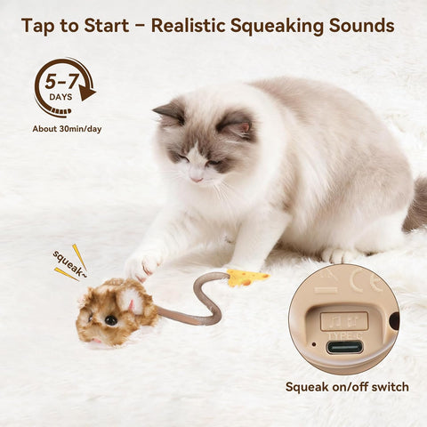 Migipaws Interactive MigiMouse Cat Toy 360° Rolling & Spin with Mesh Plastic Tail for Indoor Cats Smart Motion Sensor, Realistic Squeak, Rechargeable Plush Kitten Toy(Brown Long)