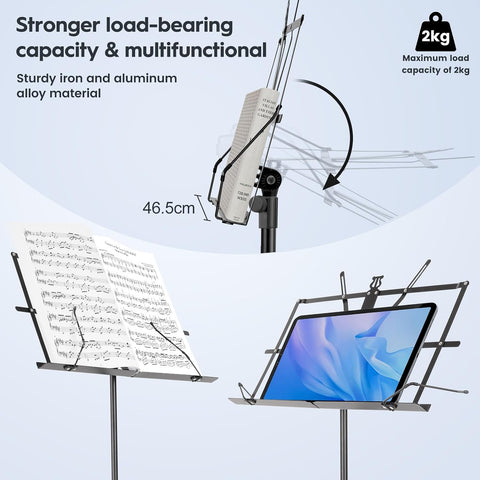 New Bee Music Stand Foldable & Portable Metal Sheet Music Stand with Carrying Bag, Adjustable Podium Stand with Tripod Base and Sheet Music Folder - Black