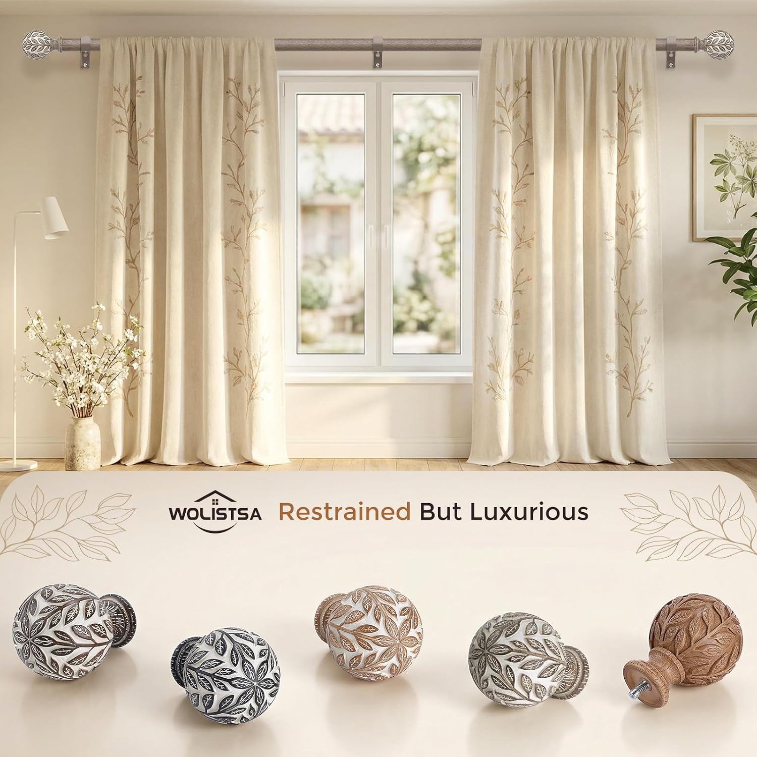 Curtain Rod 36-91 Inch, Boho Wood 1 Inch Curtain Rods for Windows