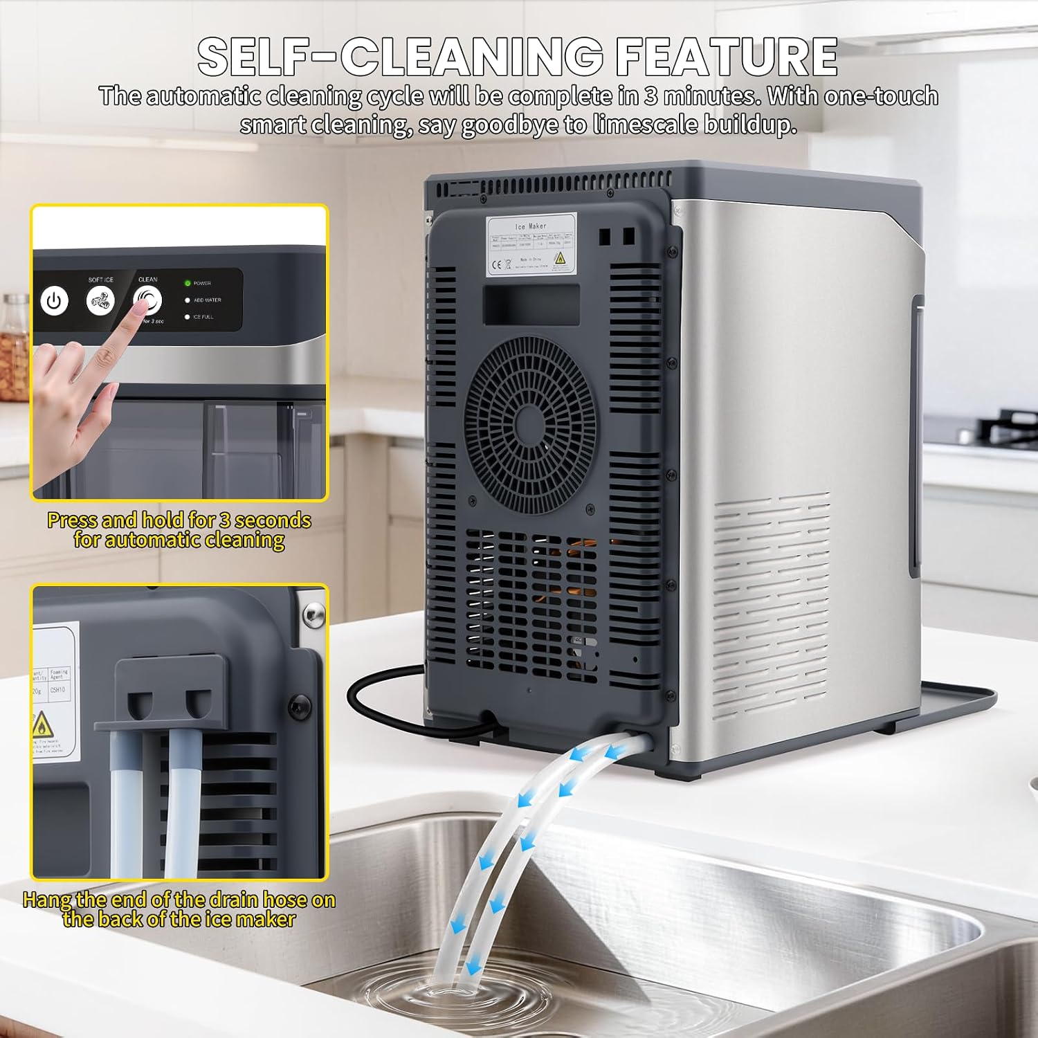 Nugget Ice Maker Countertop, 40Lbs/24H Sonic Ice Maker Machine, Self-Cleaning Pellet Ice Machine with Ice Scoop&Basket, 6-10 Mins per Batch, Portable Ice Maker for Home, Kitchen, Office, Bar