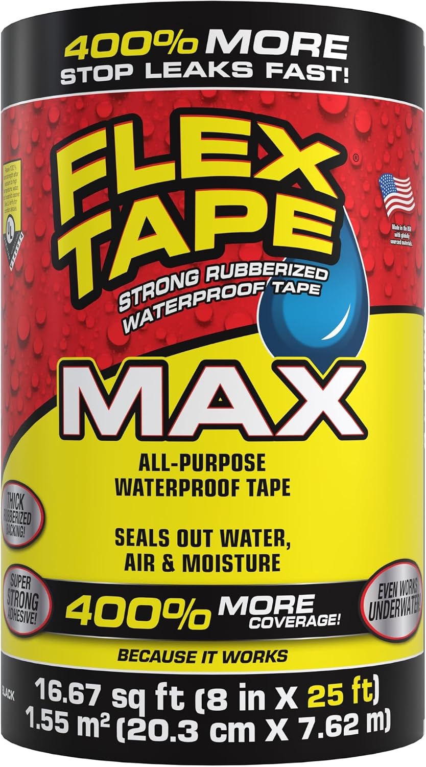 Flex Tape Strong Rubberized Waterproof Tape, Black, 8 in x 25 ft, 1-Pack
