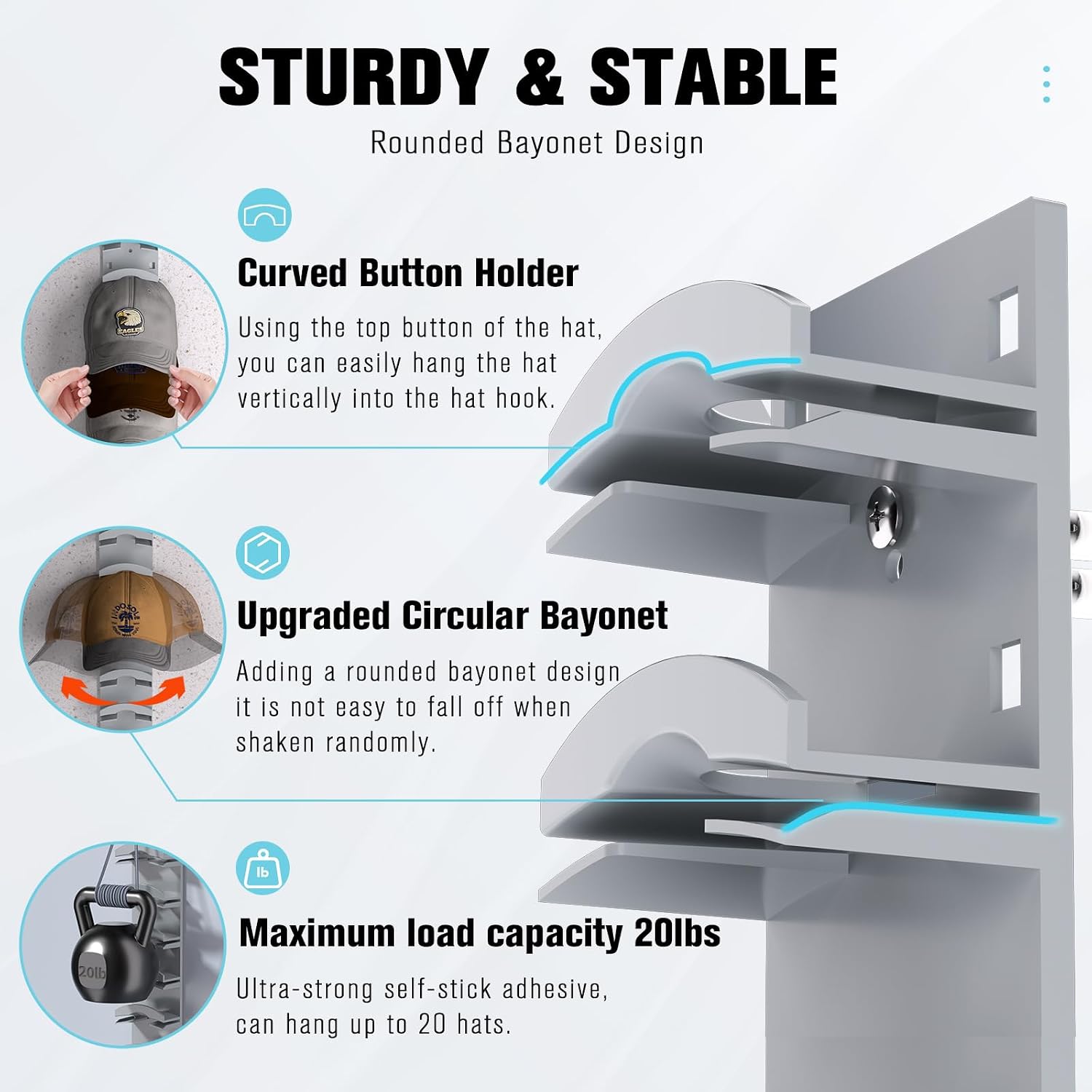 Hat Organizer for Baseball Caps 2Pack, Hat Rack for Wall with Strong Adhesive Hold up to 20 Hats, Hat Hanger Holder Display for Door Closet, Cap Organizer Storage Multilayer Two Mounting Option(Grey)
