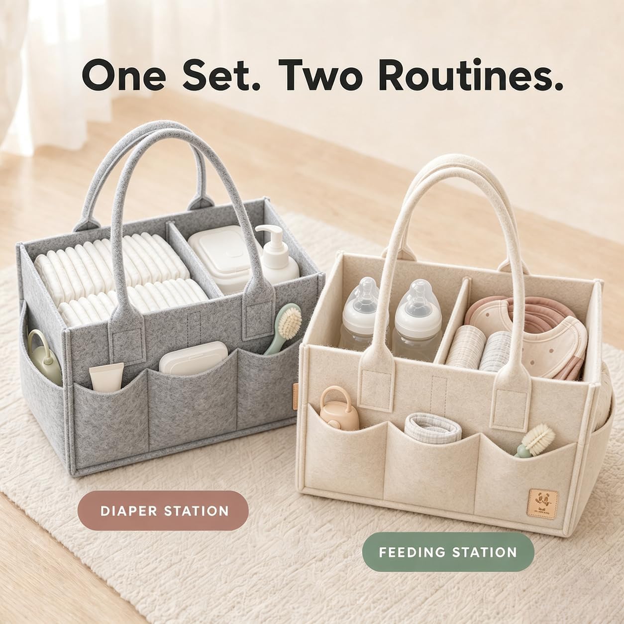 HIPHOP PANDA 2-Pack Diaper Caddy Organizer - Newborn Essentials Baby Registry Must Haves - Sturdy Nursery Storage Bin & Portable Car Caddy for Diapers & Wipes - Grey/Oatmeal Gift Set