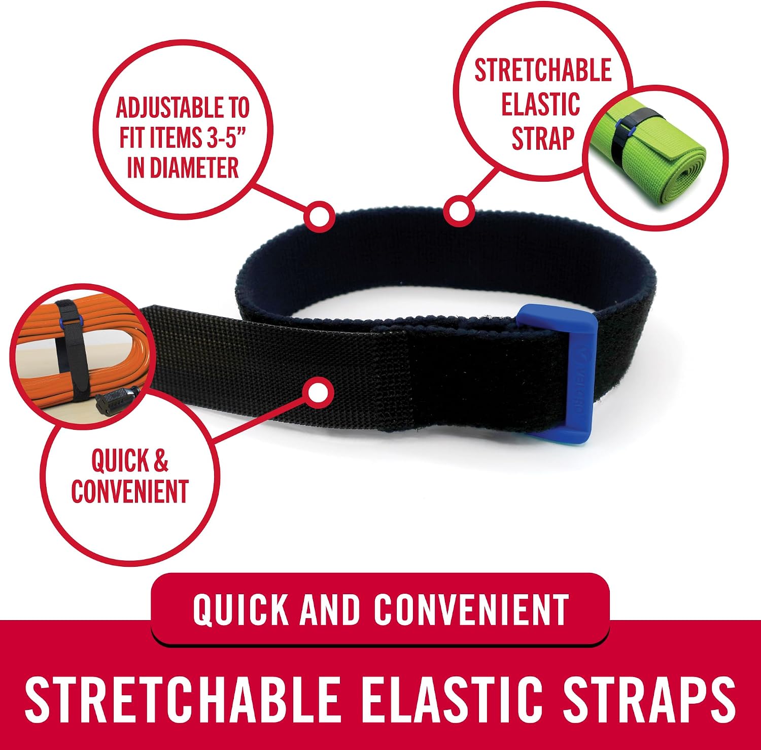 VELCRO Brand Elastic Cinch Straps with Buckle, 15in x 1in, Black, 4 Pack