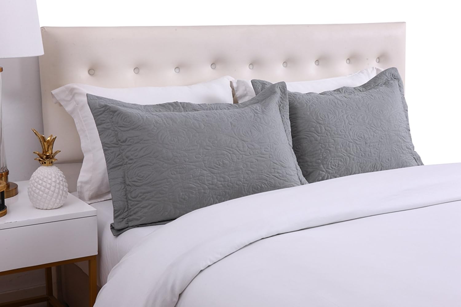 MarCielo 2-Piece Embroidered Pillow Shams, King Decorative Microfiber Pillow Covers Set, King Size (Grey)