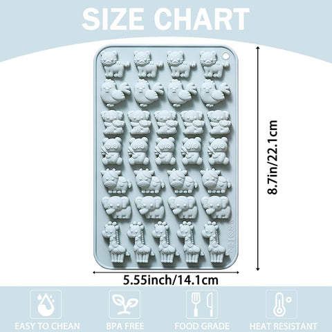Silicone Mini Animal Molds with Tiger Chiken Panda Koala Cow Elephant Giraffe, Set of 2, Cow Shaped Baking Tray for Chocolate, Candy, Gummy, Ice cube, Cake Decoration