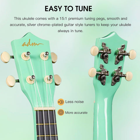 ADM Ukulele for Beginners Hawaiian Wood Ukelele Kit for Kids Adult Student Starter Professional Ukalelee Pack Bundle with Free Lessons Gig Bag Strap Nylon String Tuner (Cyan Green, 21 Inch)