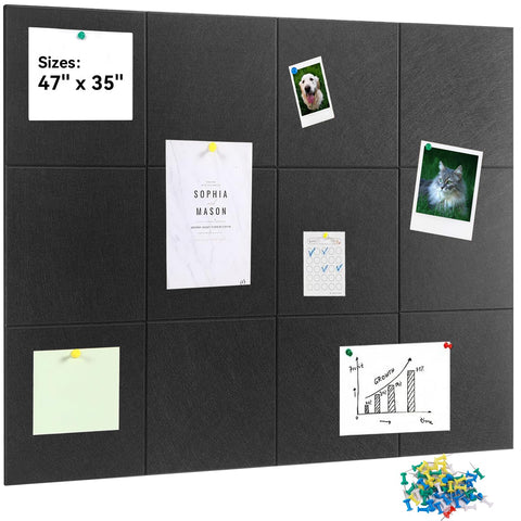 CAMXTOOL Large Cork Board Wall, 47"x35" 12 Pack Bulletin Boards Felt Wall Tiles with Self-Adhesive, Black Vision Board Alternative Pin Board with Push Pins for Office Home Decro