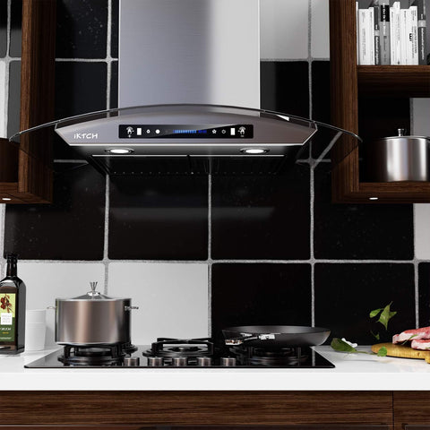 IKTCH 36-inch Wall Mount Range Hood Tempered Glass 900 CFM, Kitchen Chimney Vent Stainless Steel with Gesture Sensing & Touch Control Switch Panel, 2 Pcs Adjustable Lights(IKP03-36)