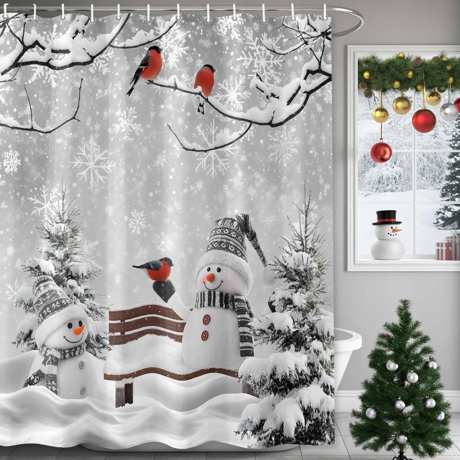 Vandarllin Winter Christmas Shower Curtain, Cute Snowman Cardinals Shower Curtains Set with Hooks, GreySnowy Pine Forest Waterproof Fabric Bathroom Curtains Decor Home Accessories,72 X 72 Inch Long