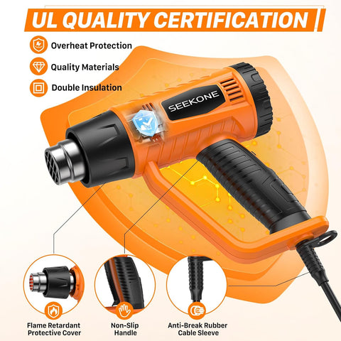 SEEKONE Heat Gun 1800W with 1112℉&752℉ 2 Temperature Settings for Crafting
