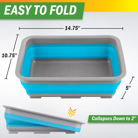 Collapsible Bucket for Cleaning 2-Pack - 7.27L Foldable Wash Bin Dish Tubs - Collapsible Wash Basin or Camping Sink Set for Beach, Tailgating or Soaking Laundry - Cleaning Supplies by Wakeman (Blue)