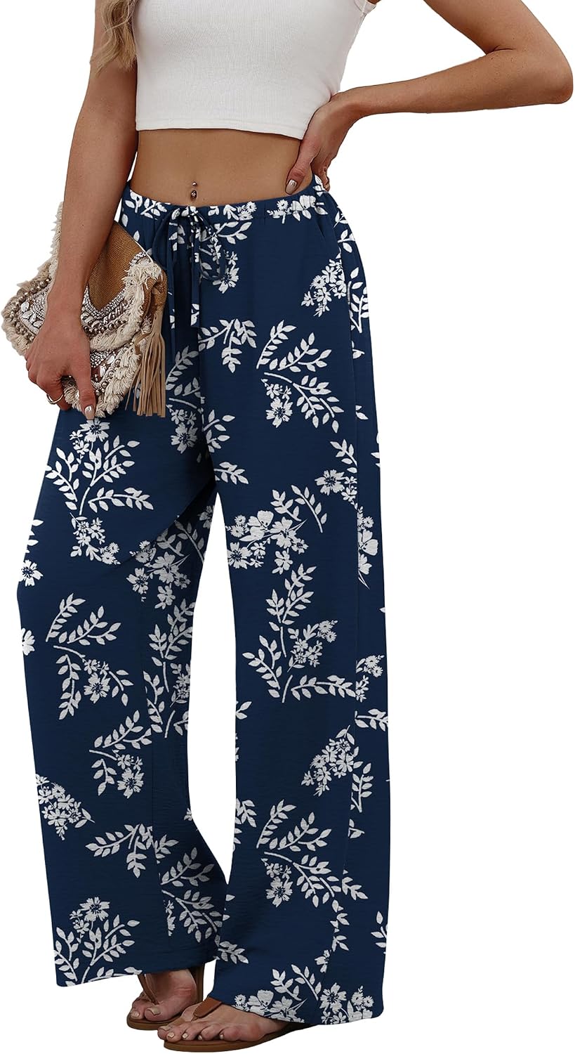 Sampeel Wide Leg Pants for Women Flowy Palazzo Drawstring Elastic Waist Trousers with Pockets Summer Beach Vacation Clothes