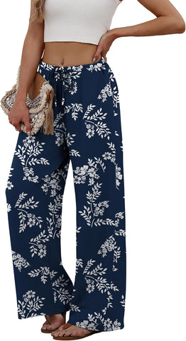 Sampeel Wide Leg Pants for Women Flowy Palazzo Drawstring Elastic Waist Trousers with Pockets Summer Beach Vacation Clothes