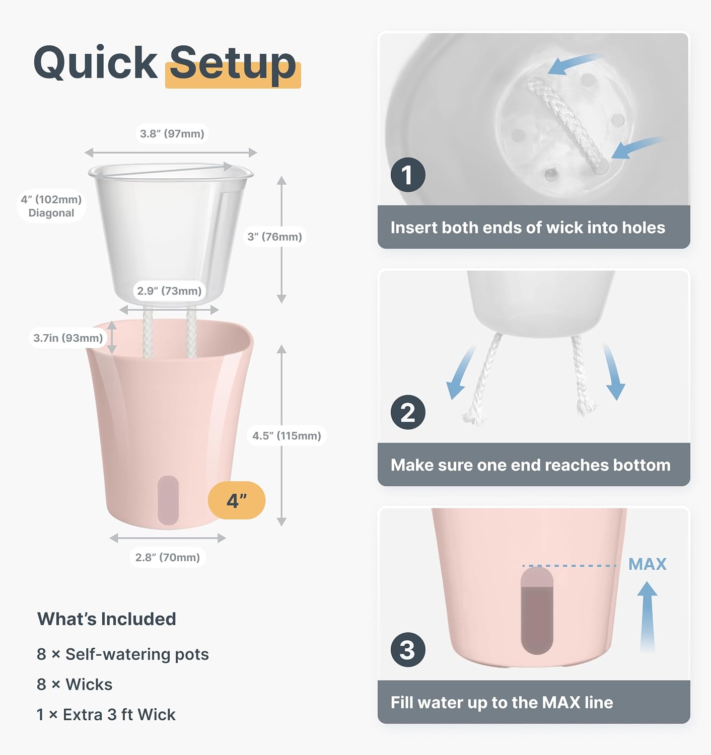 8 Pack 4" Self Watering Pots for Indoor Plants, Clear Inner Cup, Small Pink Plastic Planters, Water Level Indicator, Drainage Holes, Extra 3ft Wick, Cuttings,Seedlings,Herb,African Violets