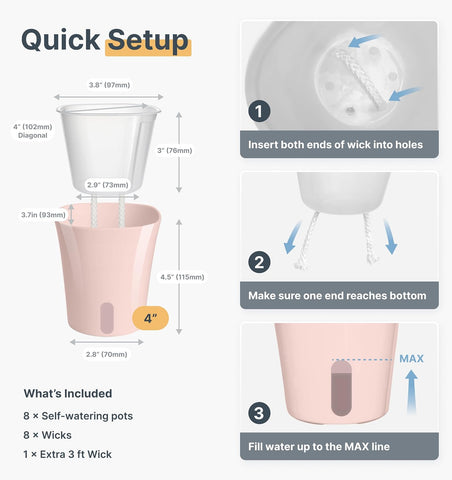 8 Pack 4" Self Watering Pots for Indoor Plants, Clear Inner Cup, Small Pink Plastic Planters, Water Level Indicator, Drainage Holes, Extra 3ft Wick, Cuttings,Seedlings,Herb,African Violets