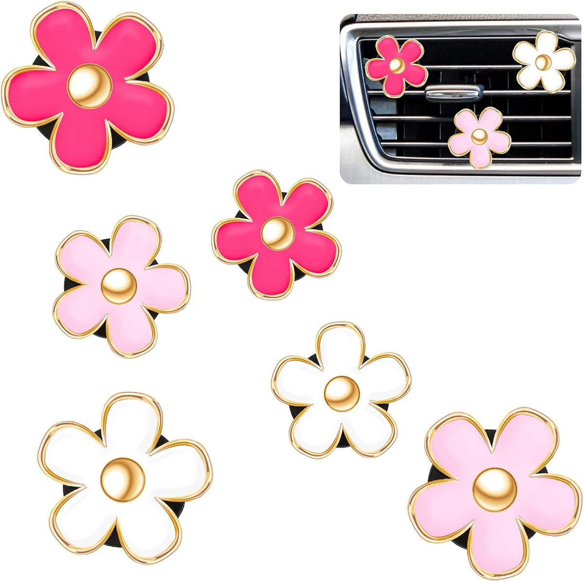 Frienda 6 Pcs Daisy Vent Clips for Car, 3/3.3 cm, Red, Pink, White