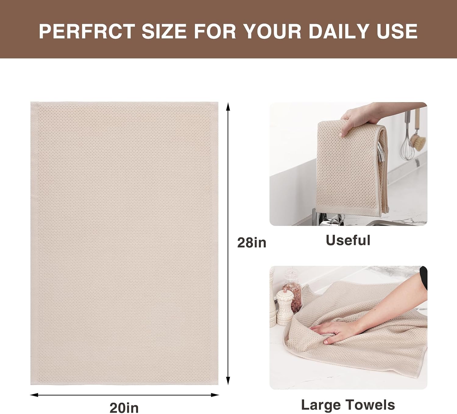 Homaxy 100% Cotton Oversized Waffle Weave Kitchen Towels 6-Pack, Beige