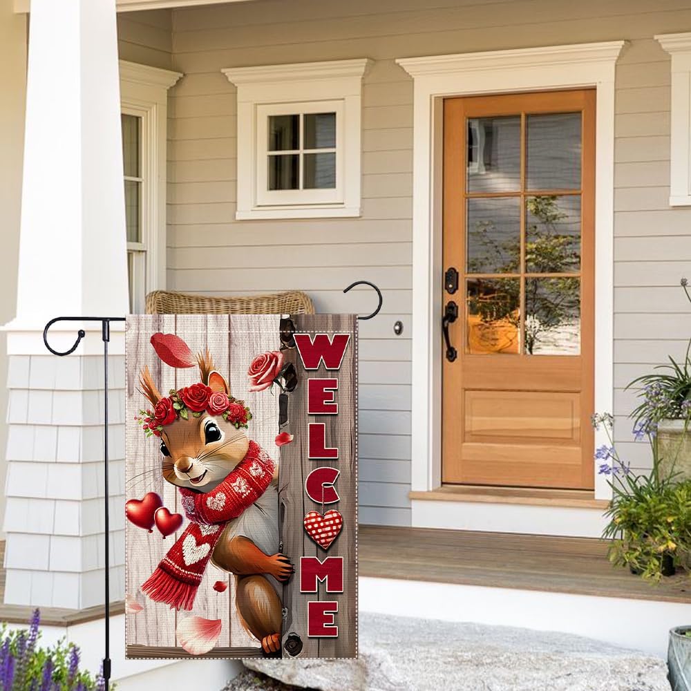 Valentine’s Day Garden Flag 12x18inch Double Sided The Squirrel Red Love Heart Rose Valentine’s Garden Flags For Home Outdoor Yard Patio Lawn Decor,Welcome Valentine Garden Outside Decorations Banner