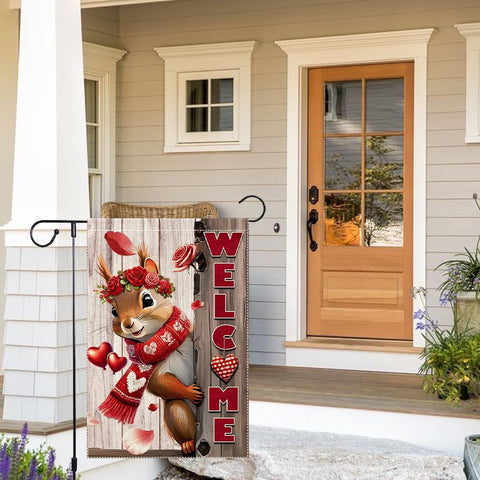 Valentine’s Day Garden Flag 12x18inch Double Sided The Squirrel Red Love Heart Rose Valentine’s Garden Flags For Home Outdoor Yard Patio Lawn Decor,Welcome Valentine Garden Outside Decorations Banner