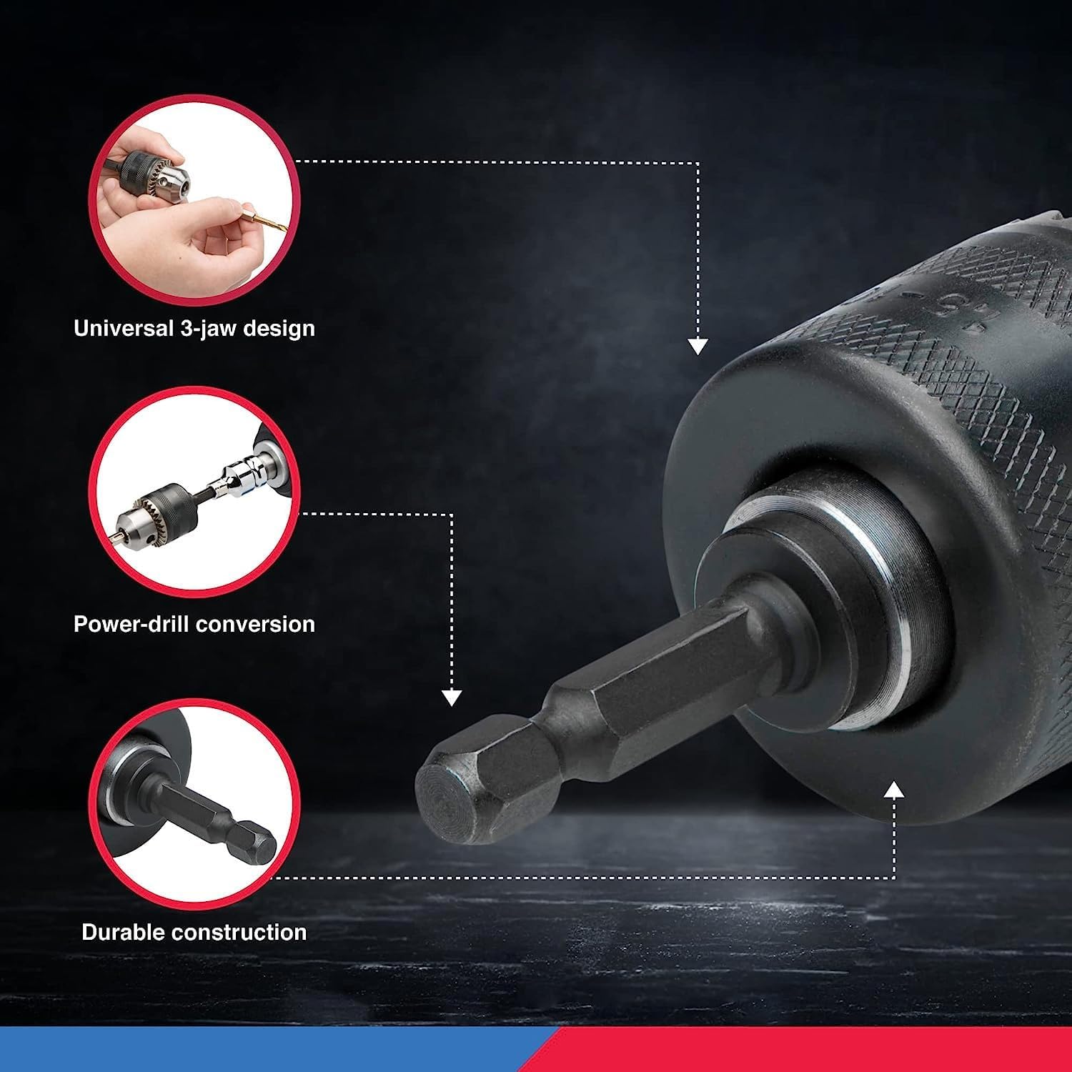 NEIKO 20754A 3/8” Drill Chuck Adapter | Chuck Drill for Impact Drivers with 1/4 Inch Quick Change Shank | Drill Converter Includes 1/2-Inch Adapter for Impact Guns | Hex to Chuck Drill Bit Adapter