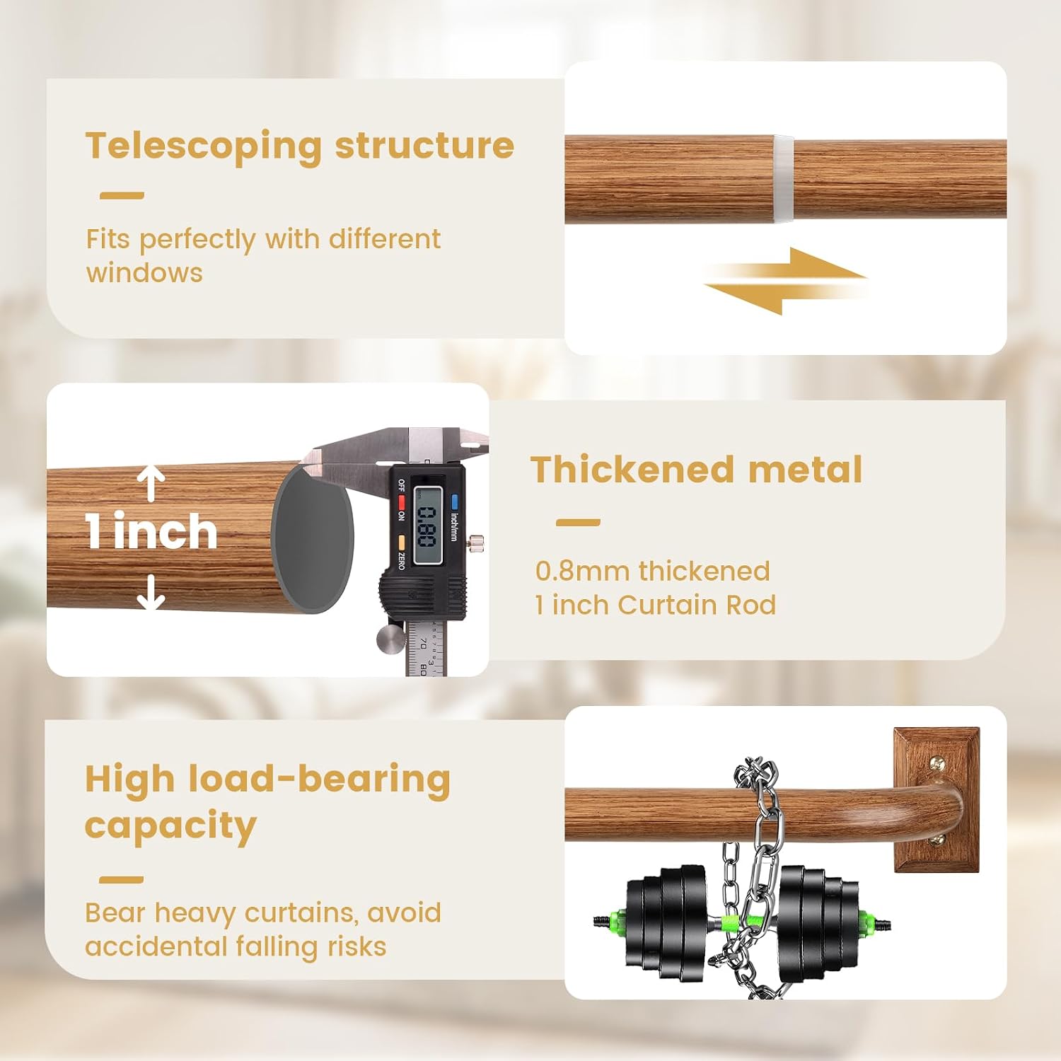 TANGWIN Wrap Around Blackout Curtain Rods,1" Heavy Duty Metal 28-60",Wood