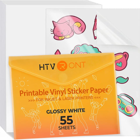 HTVRONT Printable Vinyl Sticker Paper, Glossy White, 8.5"x11", 55 Sheets