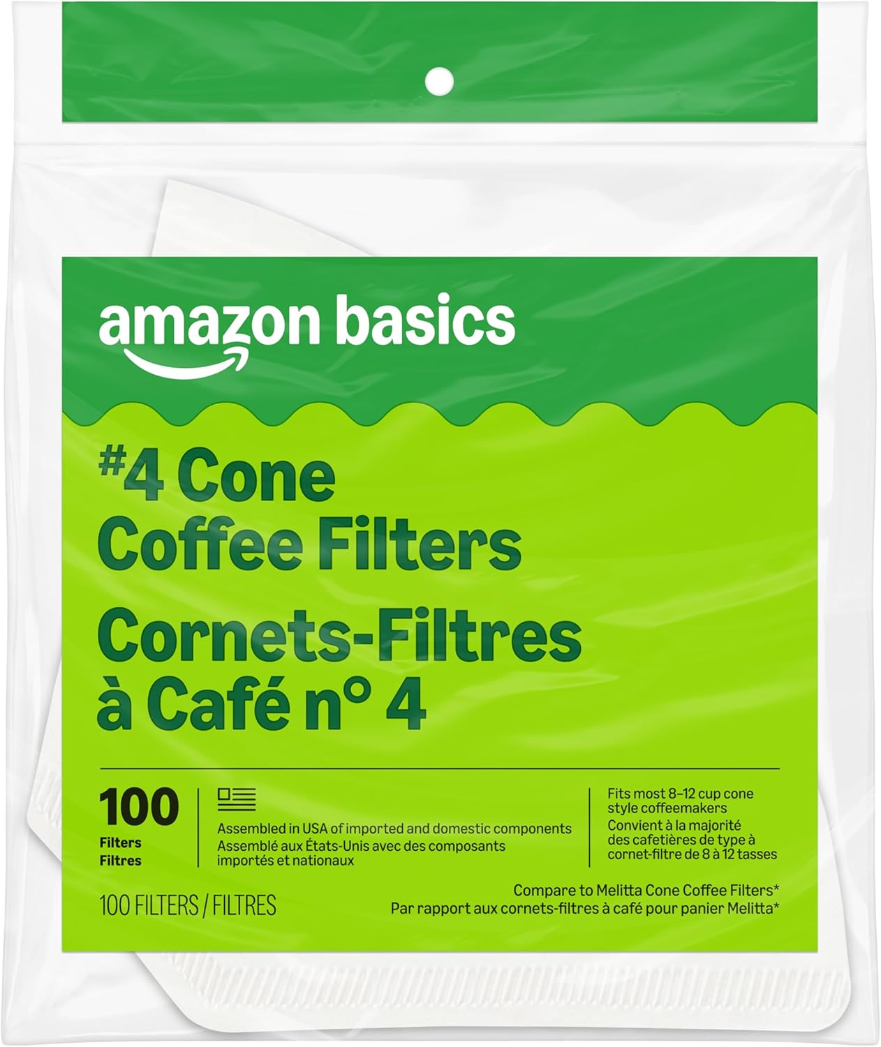 Amazon Basics Number 4 Cone Coffee Filters for 8-12 Cup Coffee Makers, White, 100 Count