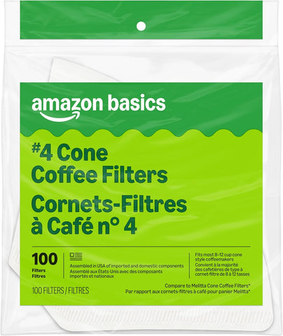 Amazon Basics Number 4 Cone Coffee Filters for 8-12 Cup Coffee Makers, White, 100 Count