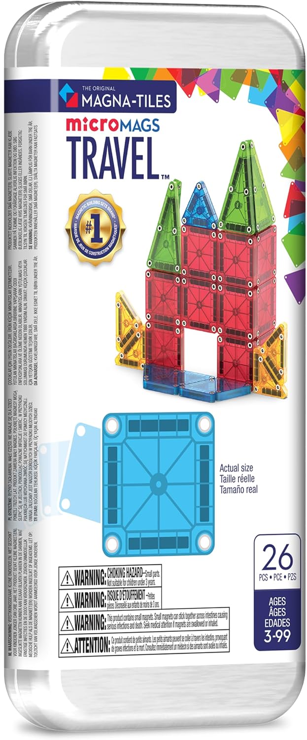MAGNA-TILES microMAGS 26-Piece Travel Magnetic Construction Set – Bold Colors, The Original Magnetic Building Brand