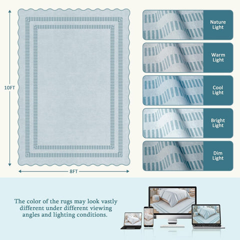 Washable 8x10 Area Rugs for Living Room, Solid Blue Large Bedroom Rug Non-Slip Stain Resistant Dining Room Rugs, Soft Scalloped Carpet for Nursery Kids Room Office
