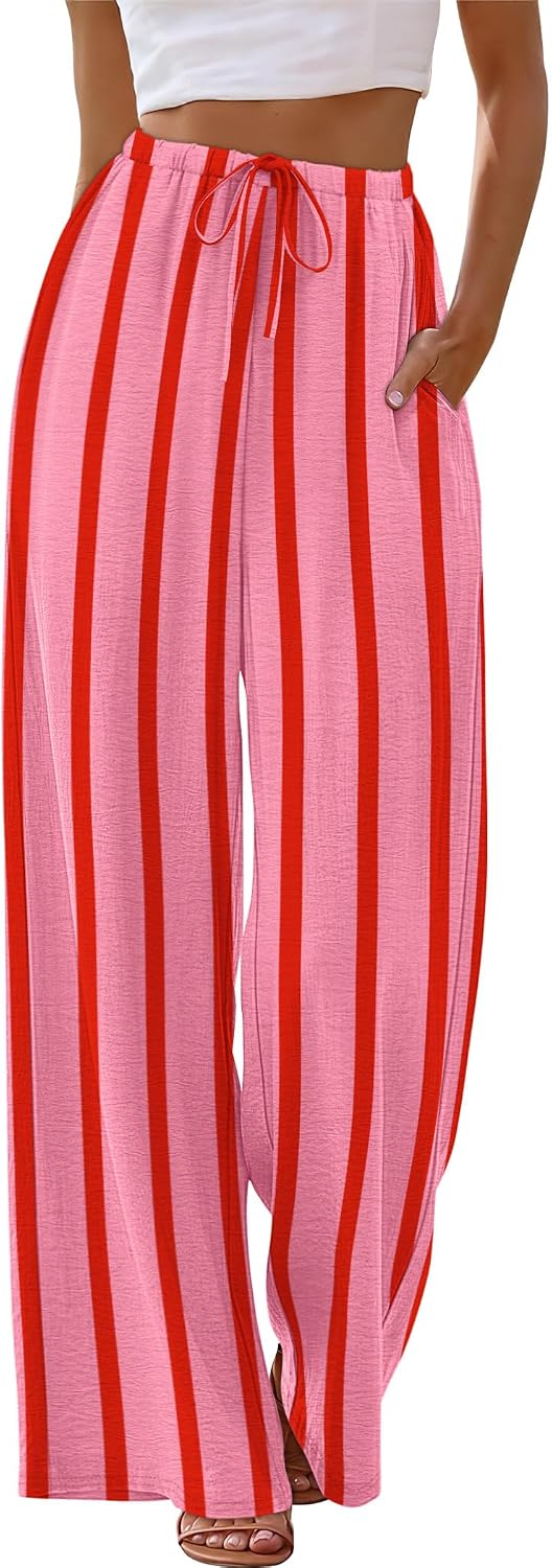 Sampeel Wide Leg Pants for Women Flowy Palazzo Drawstring Elastic Waist Trousers with Pockets Summer Beach Vacation Clothes
