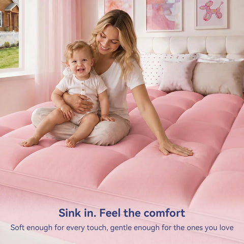 ELEMUSE Full Pink Mattress Topper, Thick Pillow Top Bed Topper Mattress Pad