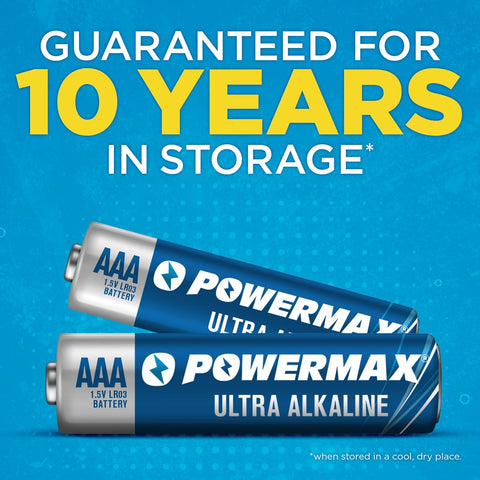 Powermax 24-Count Triple AAA Batteries, Ultra Long Lasting Alkaline Battery for Home and Office, 10-Year Shelf Life, Reclosable Packaging