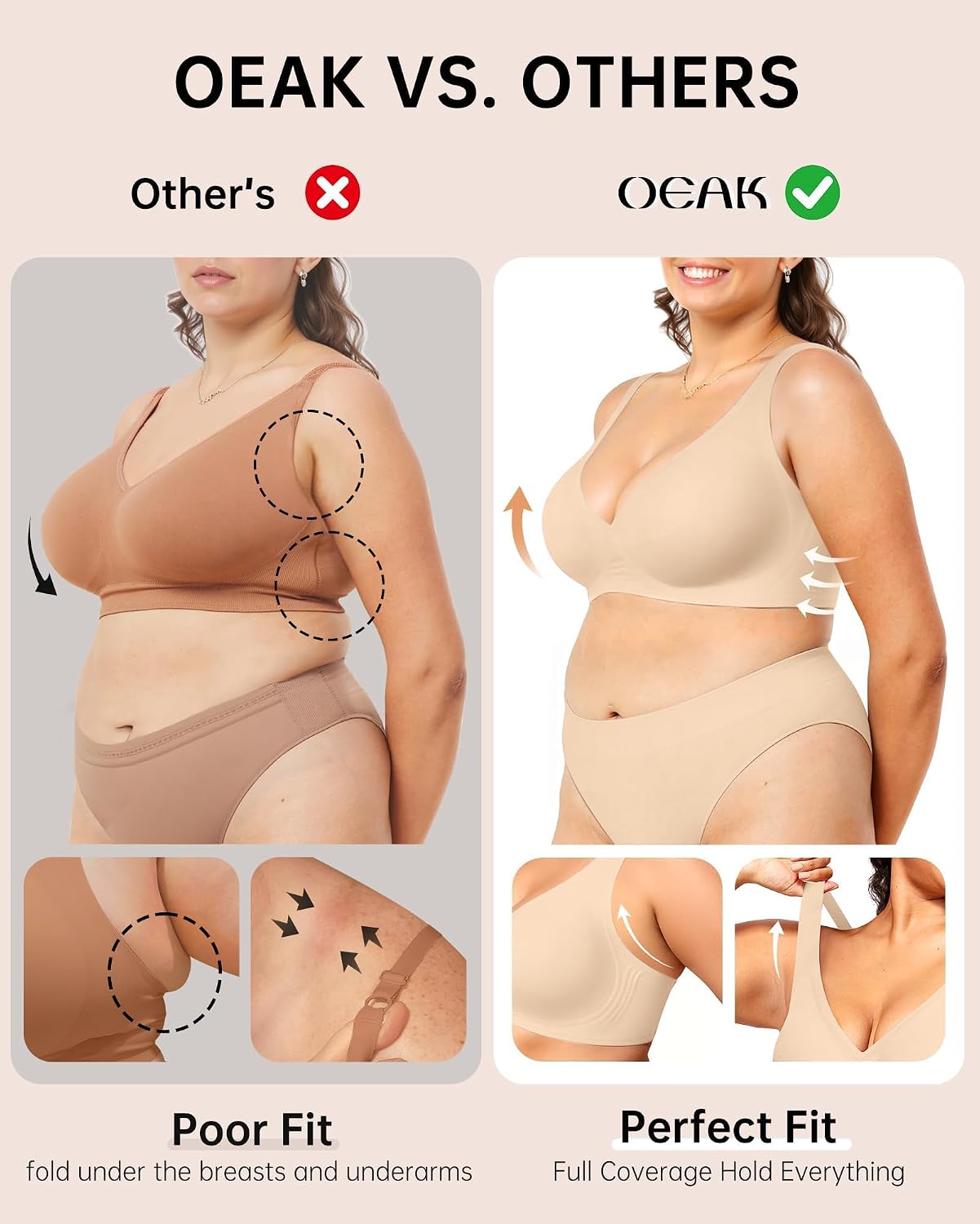 OEAK Womens Jelly Bras Wireless Deep V Comfy Push Up Tshirt Bras XXL Beige