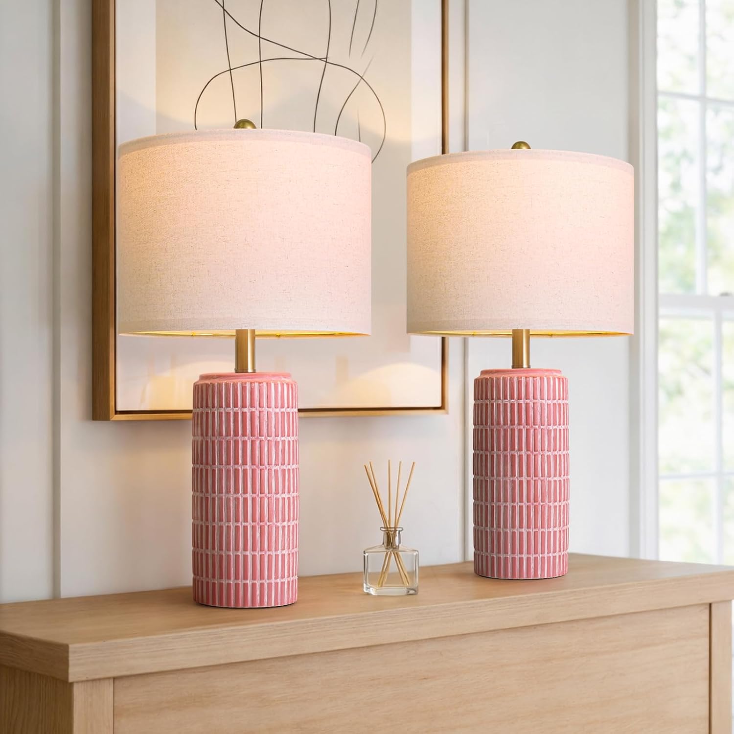PoKat 23" Ceramic Table Lamps for Living Room, Farmhouse Bedside Lamps Set of 2 for Bedroom, Rustic Nightstand Lamps for Office Sideboard Entryway Hallway Decor Gifts (Matte Red)