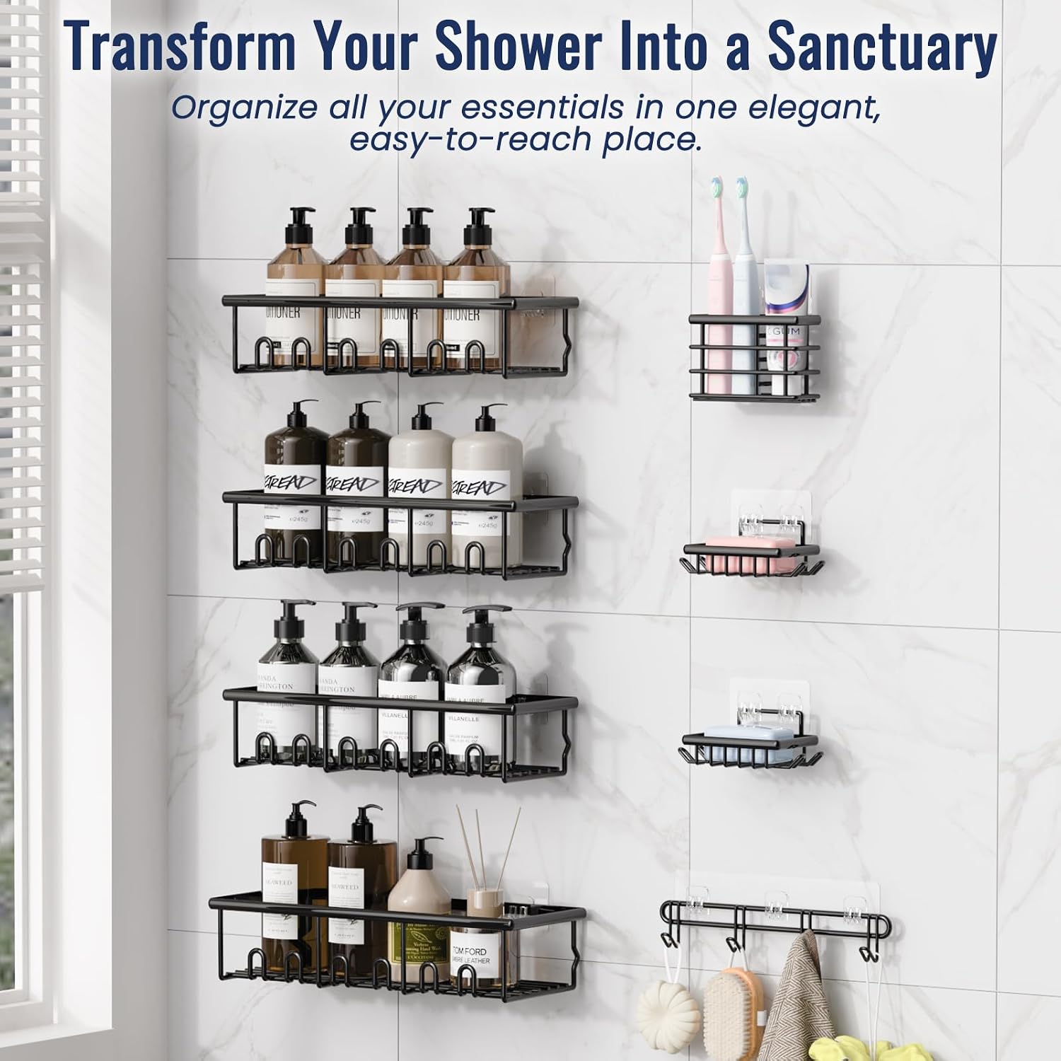 8 Pack Adhesive Large Capacity No-Drilling Shower Caddy, Black
