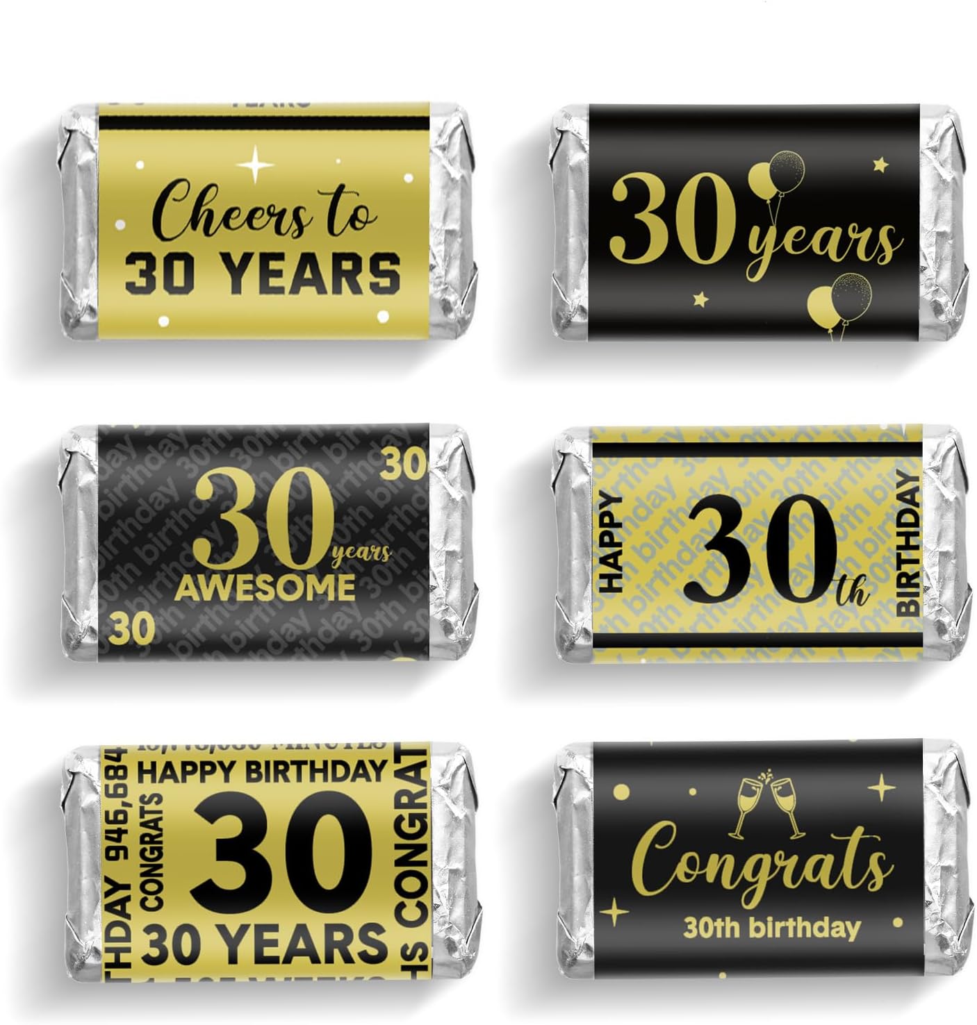 Tenare 90 Pcs 30th Birthday Candy Wrappers, Black and Gold Stickers