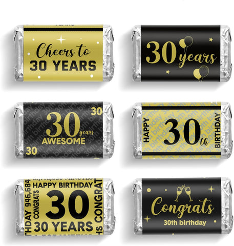Tenare 90 Pcs 30th Birthday Candy Wrappers, Black and Gold Stickers
