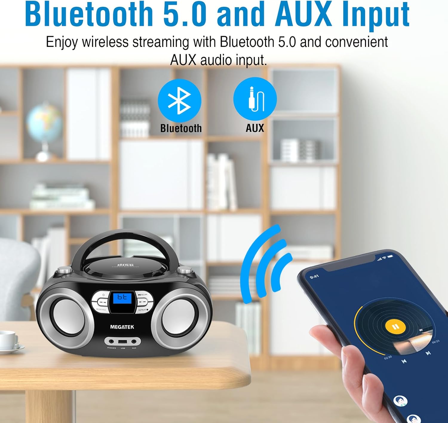 MEGATEK Portable CD Player Boombox with Bluetooth & FM Radio – Black