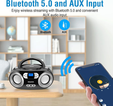 MEGATEK Portable CD Player Boombox with Bluetooth & FM Radio – Black